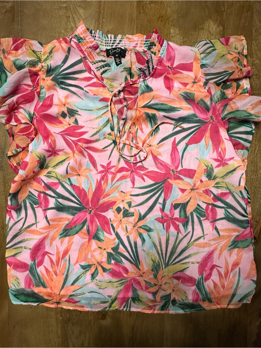 Jessica Simpson Pink Floral Tie-Neck Tropical Blouse